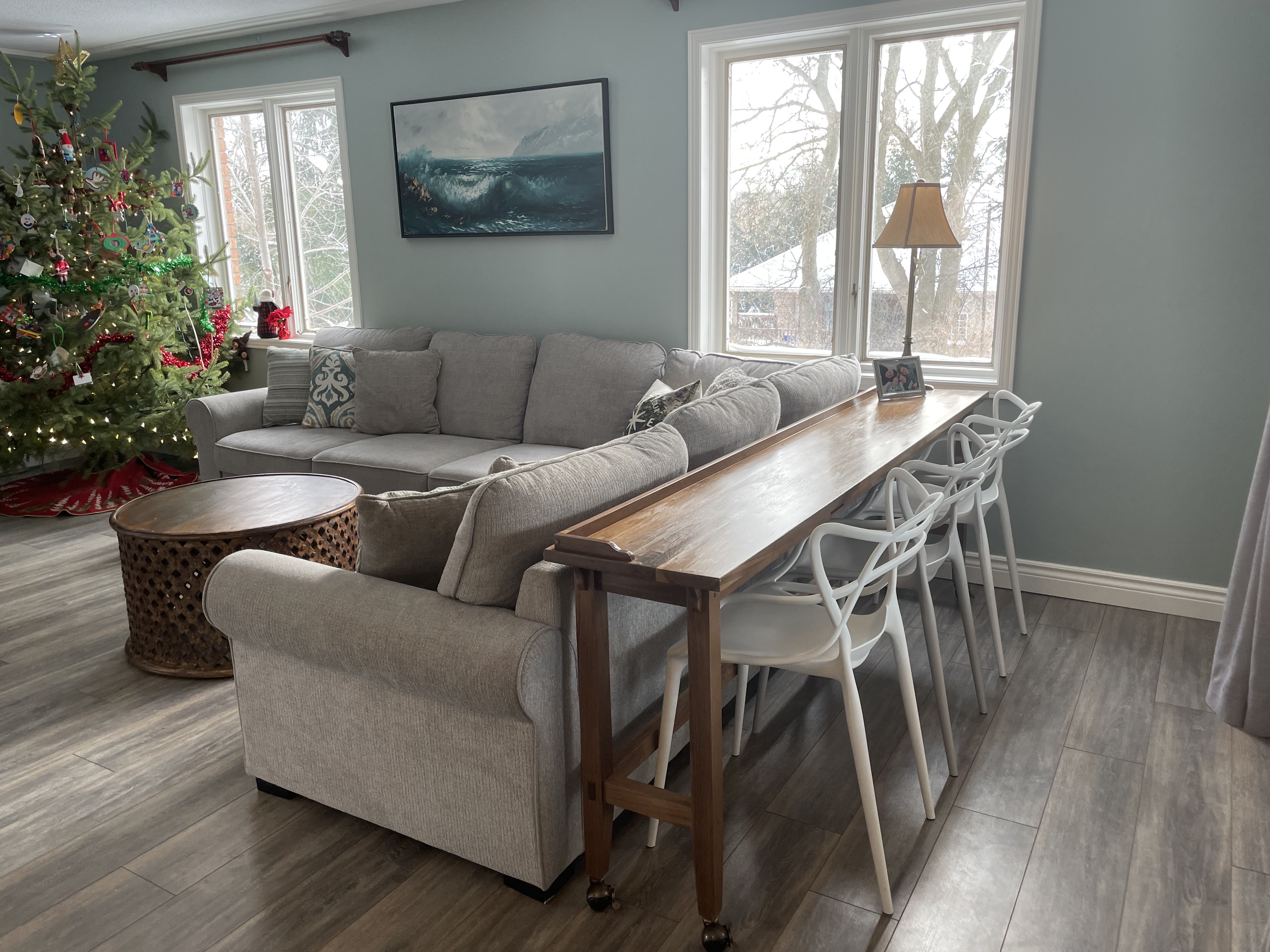 Custom wood sofa table.